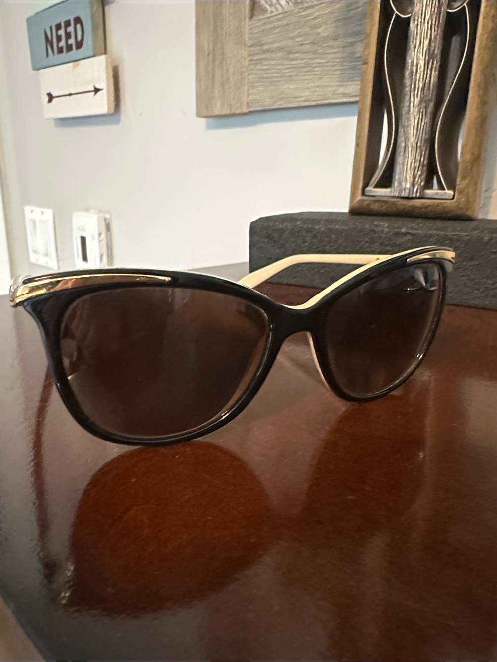 Ralph Lauren Black and Cream Cat-Eye Sunglasses with Brown Lenses